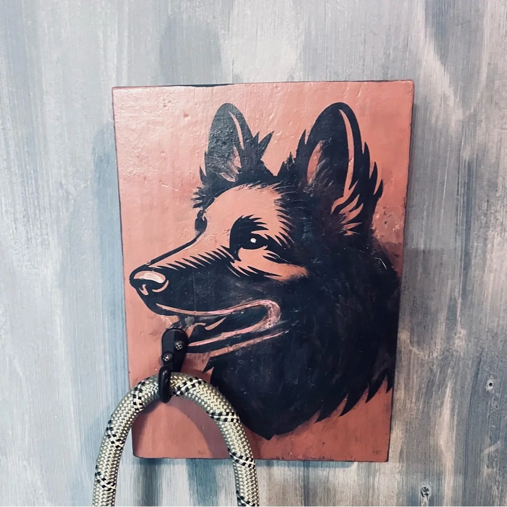 German Shepherd Dog Leash Holder – Heavy Solid Wood Wall Hook Indoor/Outdoor Use